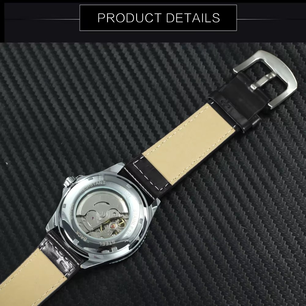 Ceas barbatesc Winner CS1753, automatic, piele naturala, negru, cadran rosu - 3 | YEO