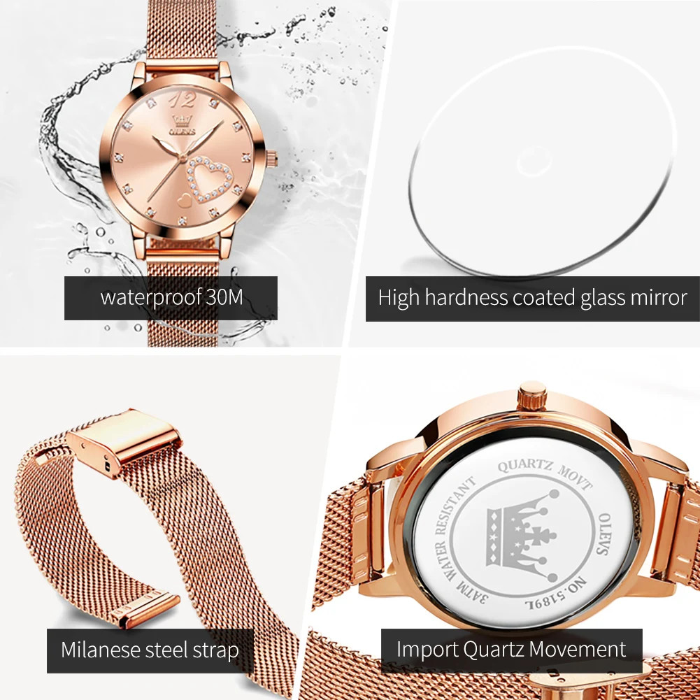 Ceas damă Olevs, brățară mesh oțel inoxidabil, cadran alb cu inimă, rose gold CS1643 — imaginea 2