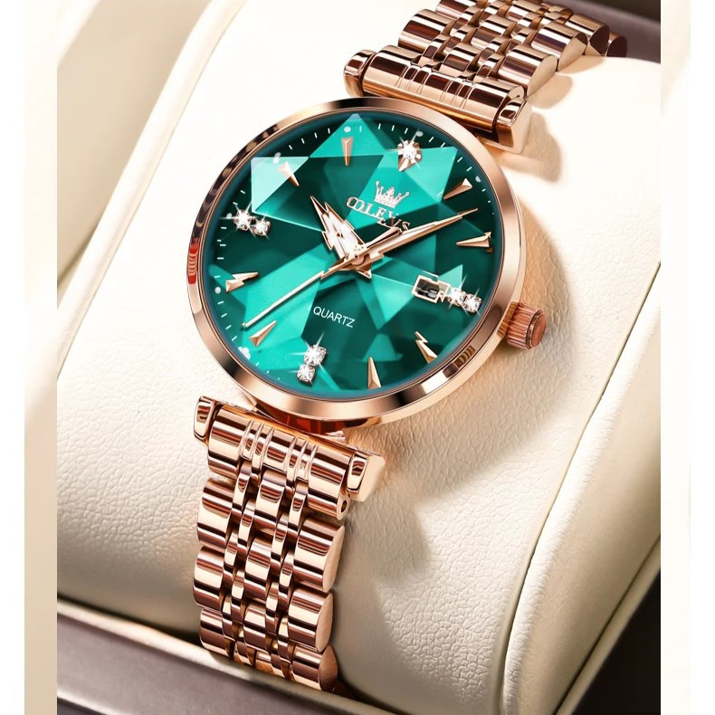 Ceas damă Olevs, oțel inoxidabil, cadran verde fațetat, rose gold CS1647 — imaginea 5