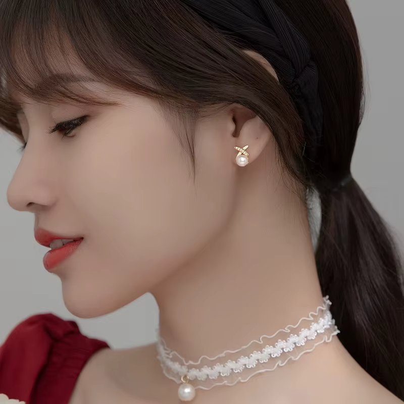 Cercei argint 925, JW1614, model X cu perla, placati cu rodiu