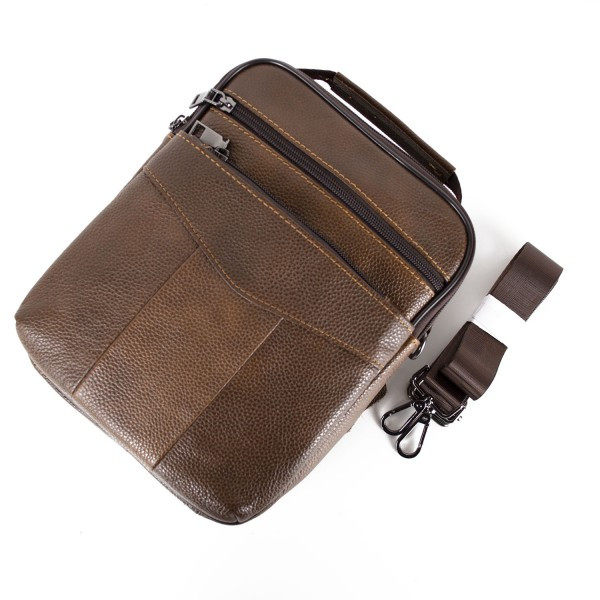 Geantă bărbați piele naturală, crossbody cu buzunare cu fermoar, maro — imaginea 2