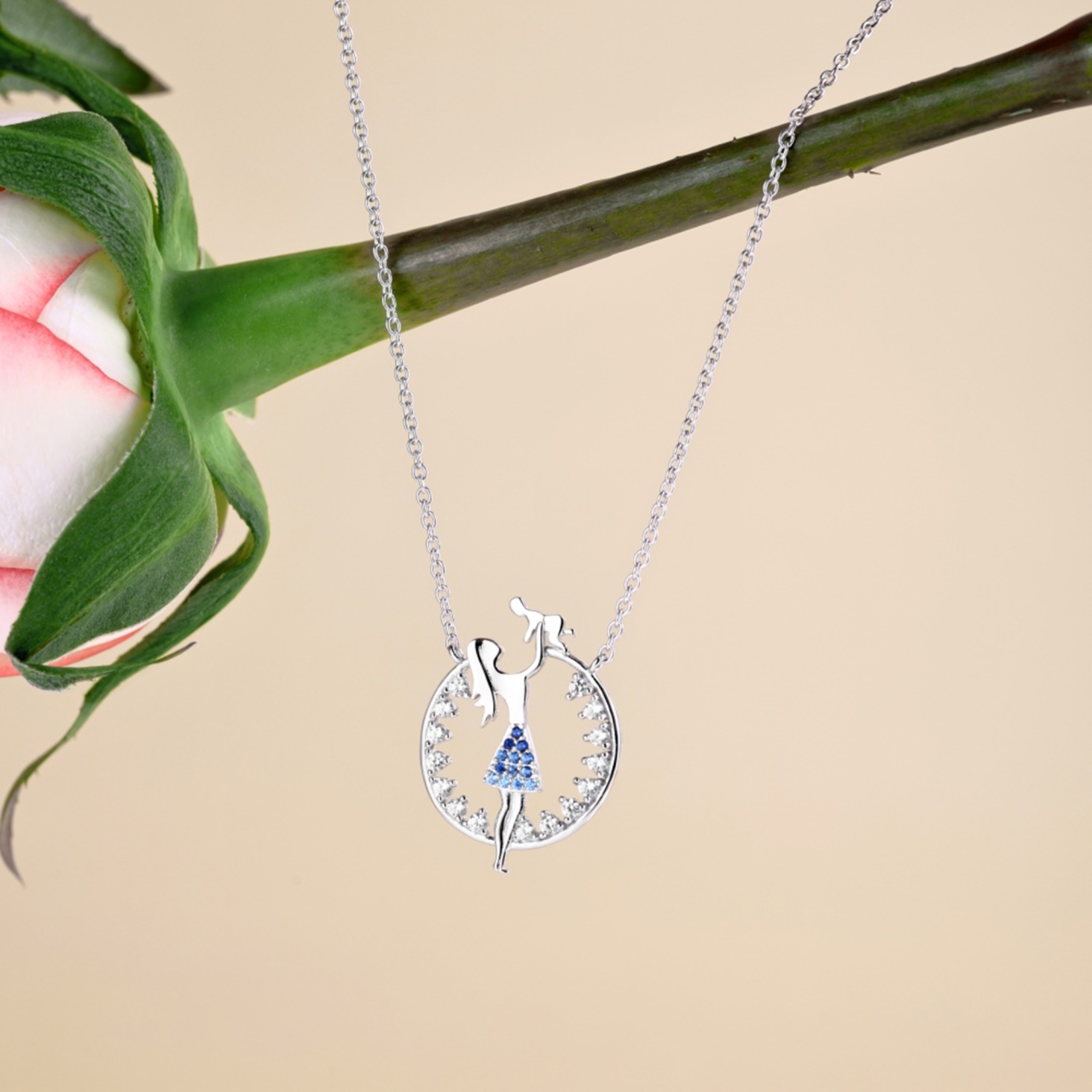 Lantisor argint 925, JW1839, model mama & baby, placat cu rodiu