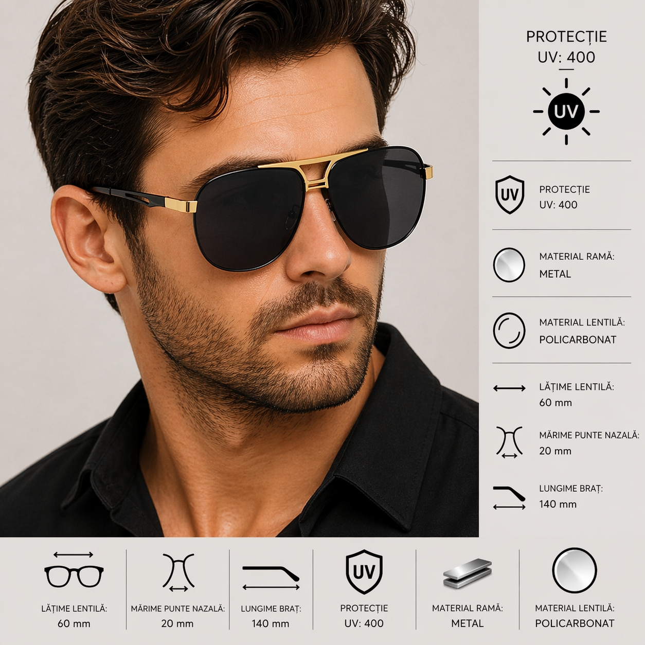 Ochelari de soare bărbați aviator, ramă metalică, negru cu auriu — imaginea 2