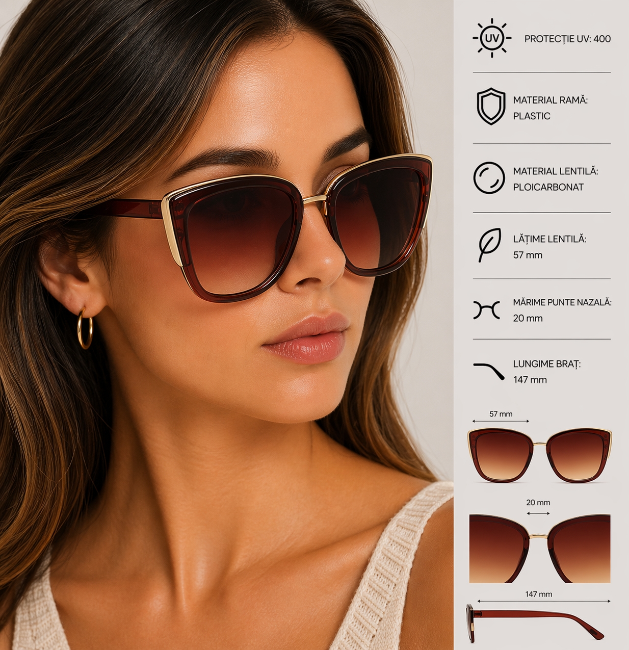 Ochelari de soare damă cat eye, ramă cu detalii aurii, lentile degrade, maro — imaginea 2