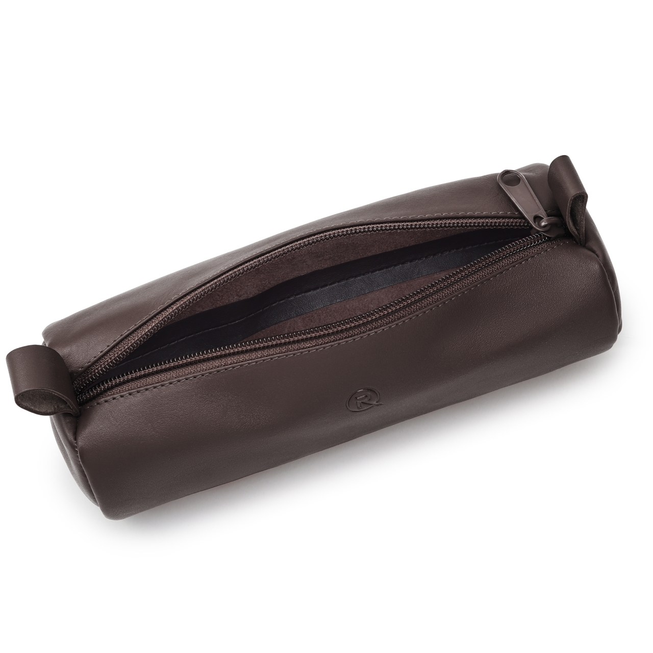 Penar etui piele, model cilindric cu fermoar, maro închis — imaginea 3