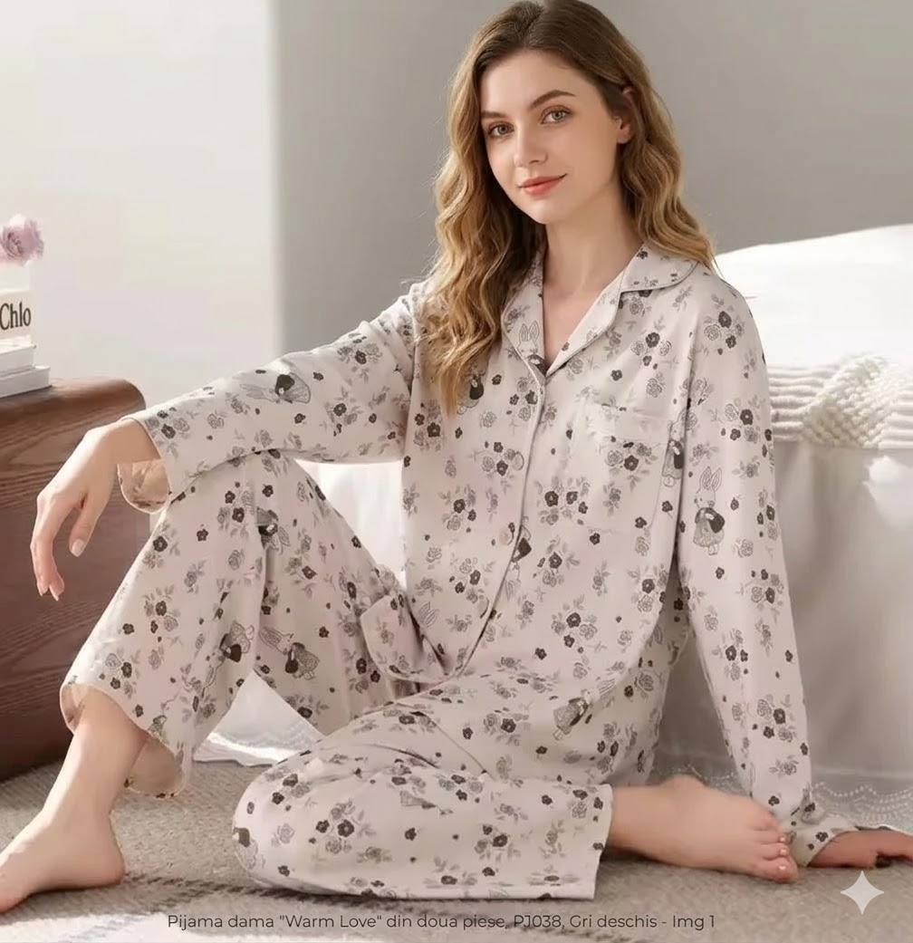 Pijama dama "Warm Love" din doua piese, PJ038, Gri deschis
