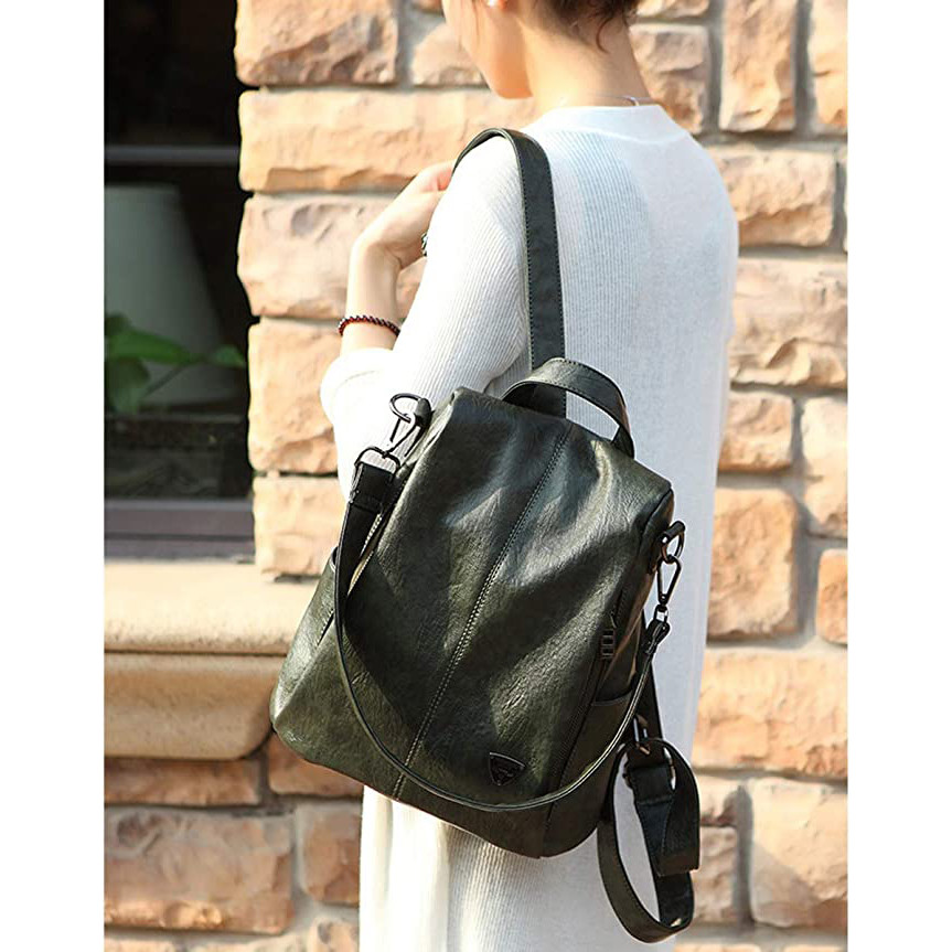 Rucsac damă piele ecologică, antifurt, fermoar lateral, verde — imaginea 2