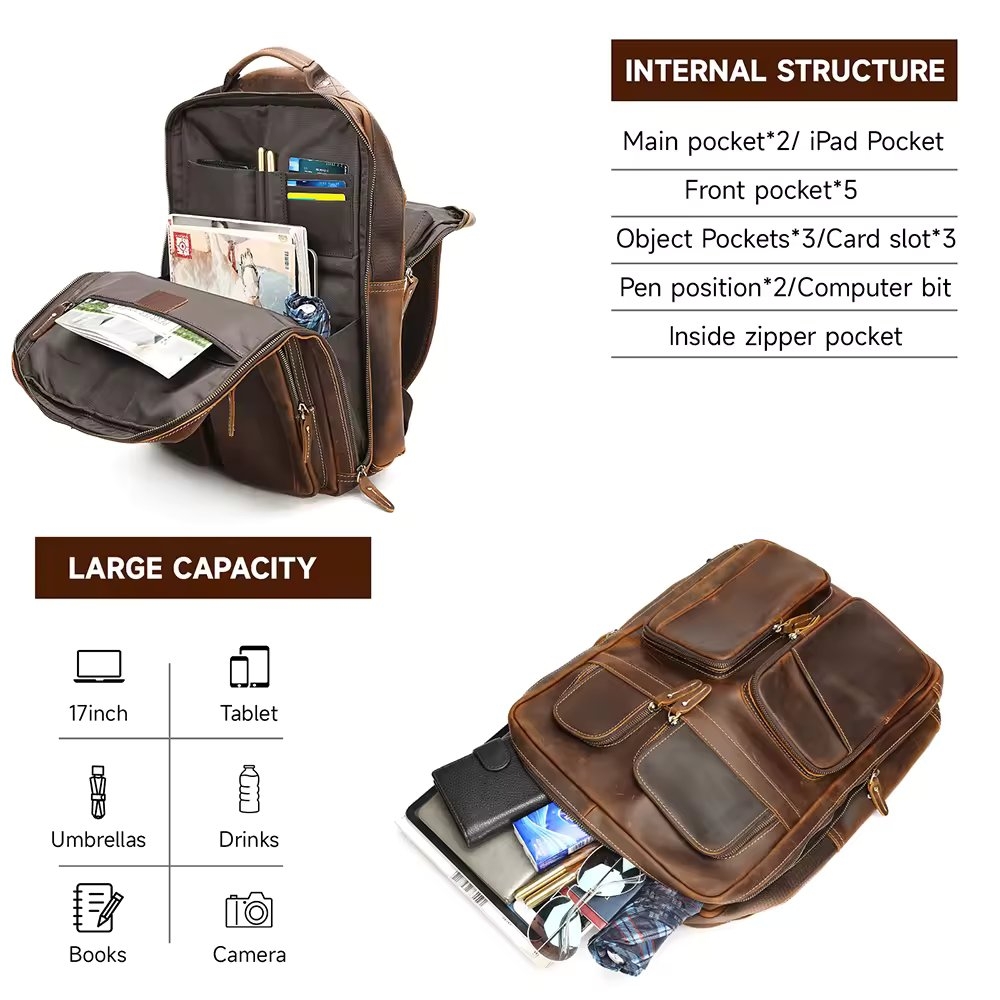 Rucsac pentru barbati, Caian GT3329, piele naturala, Maro - 3 | YEO