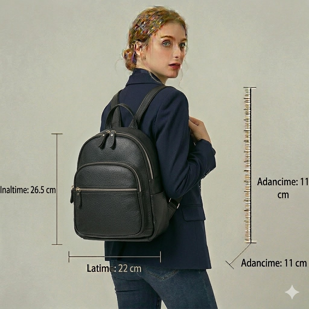 Rucsac pentru dama, Abana GT2005, piele naturala, Negru - imagine 2