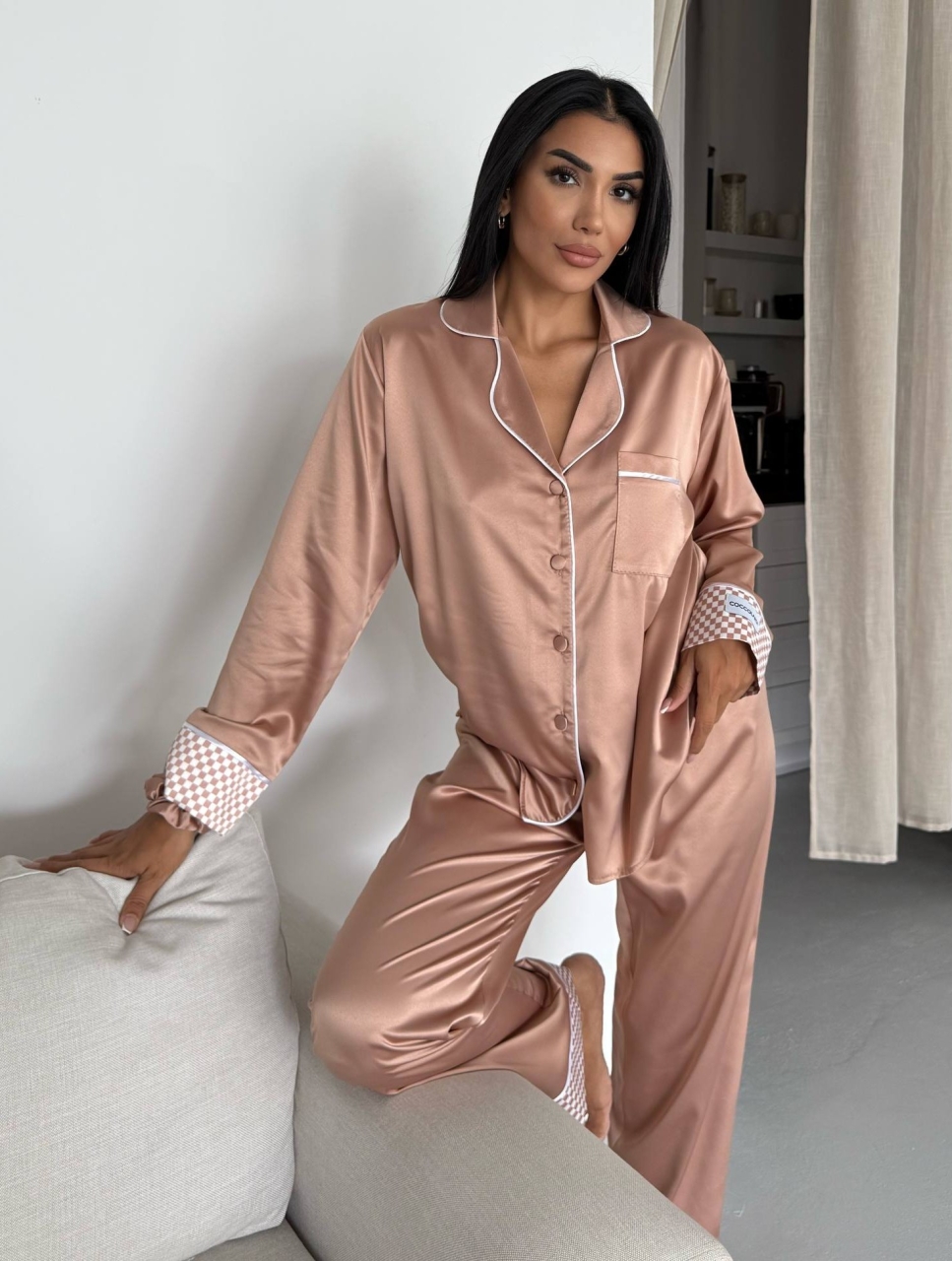 Set pijama dama din doua piese, cu nasturi – 2500258, Bej - imagine 5