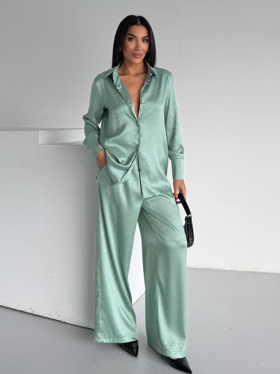 Set pijama dama din doua piese, cu nasturi – 2500402, Verde menta