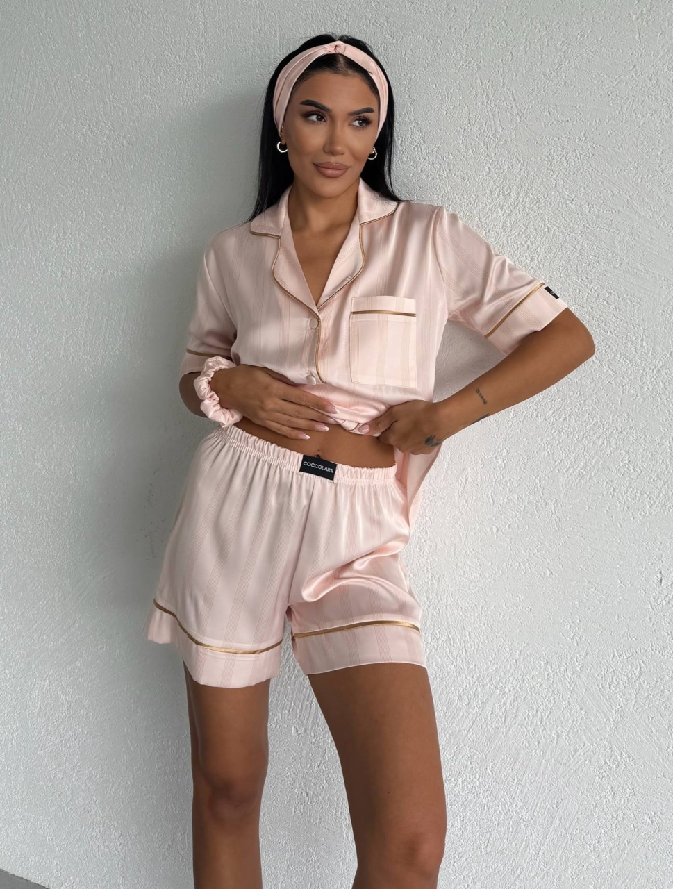 Set pijama dama din doua piese, cu nasturi – 2600044, Crem satinat