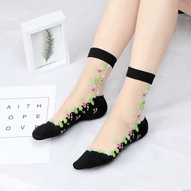 Sosete pentru dama, SS0152, model flori, Alb/Negru, marime universala