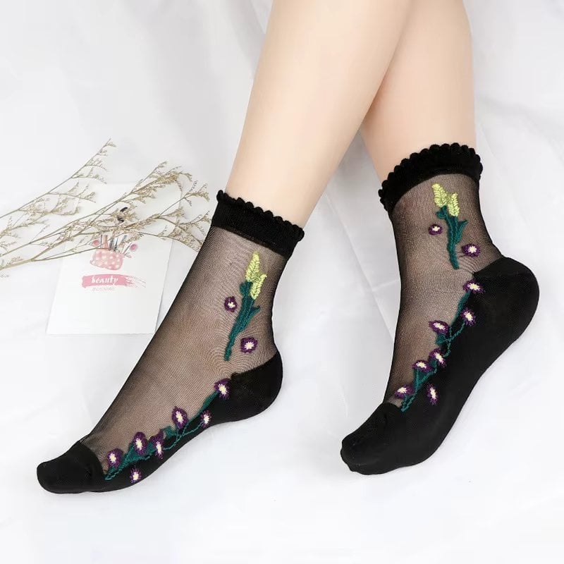 Sosete pentru dama, SS0177, model flori, Negru, marime universala