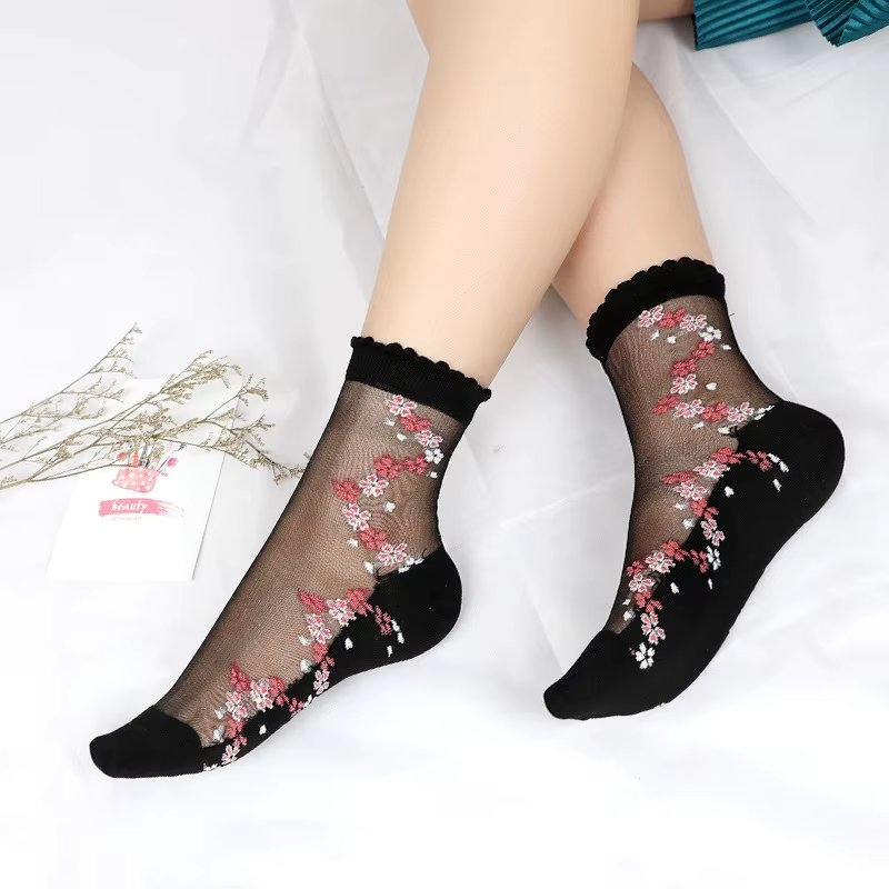 Sosete pentru dama, SS147, model flori, Negru, marime universala