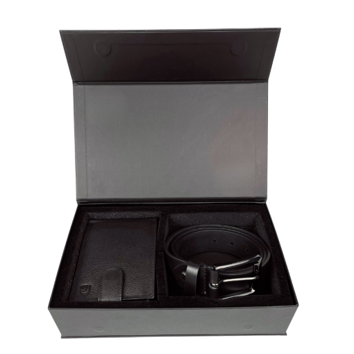 Set cadou pentru barbati, Portofel + Curea, piele naturala, model elegant, Negru, SET2