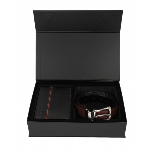 Set cadou pentru barbati, Portofel + Curea, piele naturala, model elegant, Negru/maro, SET7