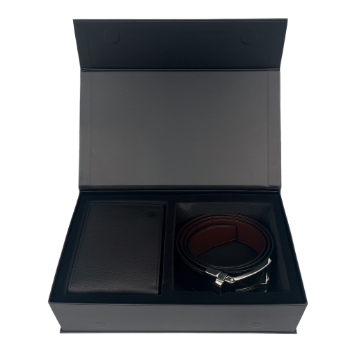 Set cadou pentru barbati, Portofel + Curea, piele naturala, model elegant, Negru, SET1