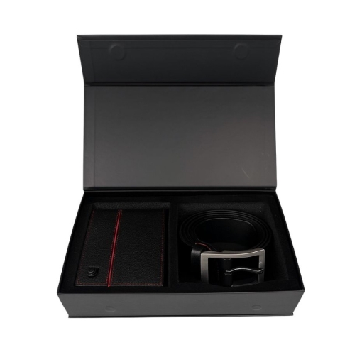 Set cadou pentru barbati, Portofel + Curea, piele naturala, model elegant, Negru/rosu, SET6