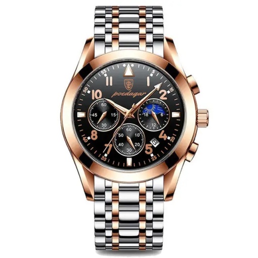 Ceas barbatesc Pordagar CS1333, otel inoxidabil, argintiu/rose gold, cadran negru