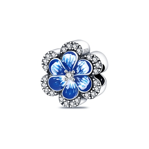 Charm/talisman argint 925, JW1121, model floare alb/albastra, placat cu rodiu