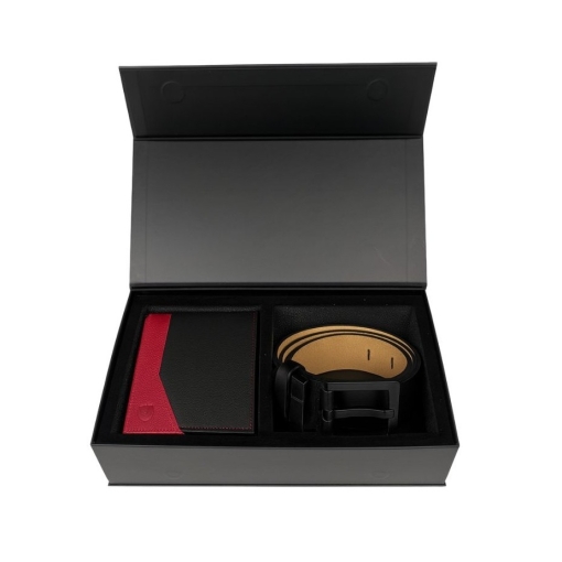 Set cadou pentru barbati, Portofel + Curea, piele naturala, model elegant, Negru/rosu, SET5