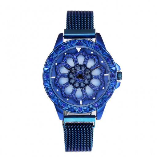 Ceas de dama elegant Geneva CS1014, bratara magnetica, cadran rotativ, model albastru