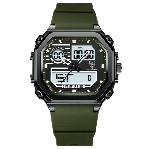 Ceas barbatesc digital Poedagar CS1764, silicon, verde, cadran negru