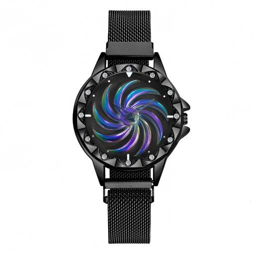 Ceas dama GENEVA CS1164, model Starry Sky, bratara magnetica, cadran rotativ,elegant, negru