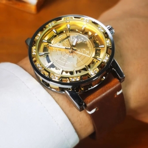 Ceas barbatesc Winner CS1748, automatic, piele naturala, maro, cadran auriu - Img 2
