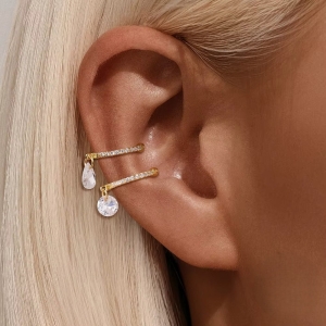 Cercel ear cuff argint 925, JW1673, model piatra, placat cu aur - Img 2