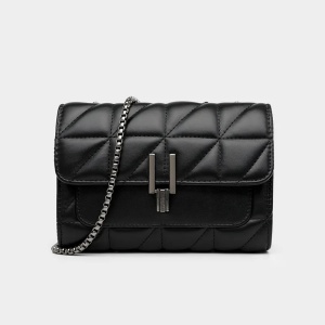 Geantă damă crossbody matlasată, lanț metalic, închidere cu clapă, negru
