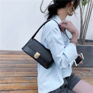 Geanta dama tip baguette,Isoria GT3980, textura crocodil, Neagra - Img 2