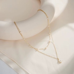 Lantisor argint 925, JW1707, model dublu cu floare, placat cu aur - Img 4