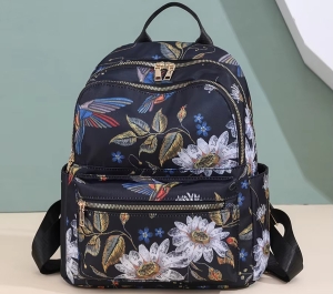 Rucsac damă material textil, imprimeu floral, buzunar frontal cu fermoar, negru - Img 3