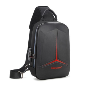 Borsetă crossbody bărbați Aliencross, carcasă rigidă antifurt, port USB și cifru, negru cu roșu