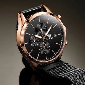 Ceas barbatesc Olevs CS1654, otel inoxidabil, negru-rose gold, cadran negru - Img 5