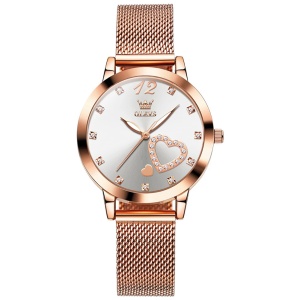 Ceas damă Olevs, brățară mesh oțel inoxidabil, cadran alb cu inimă, rose gold CS1643