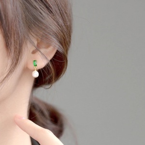Cercei argint 925, JW1124, model cu perla si zirconiu verde, placati cu rodiu - Img 2