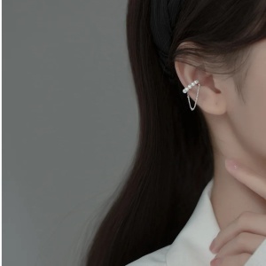 Cercei ear cuff argint 925, JW1076, model perlute cu lant, placati cu rodiu - Img 2