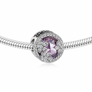 Charm/talisman argint 925, JW1168, model cu piatra roz si flori, placat cu rodiu - Img 2