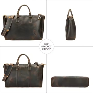 Geantă de călătorie unisex piele naturală, curea de umăr detașabilă, maro vintage - Img 5