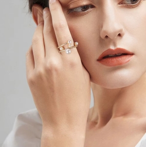 Inel reglabil argint 925, JW1724, model elegant cu perle, placat cu aur - Img 2