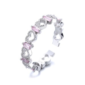 Inel reglabil argint 925, JW887, model inimioare cu zirconiu roz, placat cu rodiu - Img 1