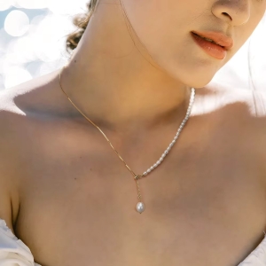 Lantisor argint 925, JW1717, model elegant cu perle, placat cu aur - Img 2