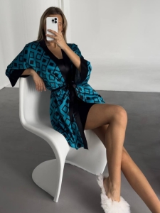 Set Halat & Camasa de noapte „Geometric Glam” – 2301395, Negru / Turcoaz - Img 3