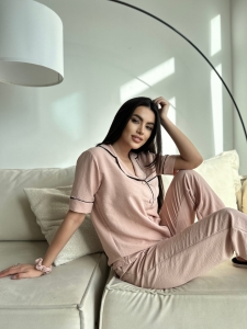 Set pijama dama din doua piese, cu nasturi – 2300132, Crem - Img 3
