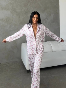 Set pijama dama din doua piese, cu nasturi – 2401671, Roz leopard - Img 5