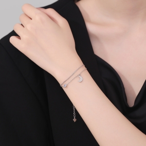 Bratara argint 925, JW1226, model dublu semiluna si stelute, placata cu rodiu - Img 2