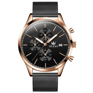 Ceas barbatesc Olevs CS1654, otel inoxidabil, negru-rose gold, cadran negru - Img 1